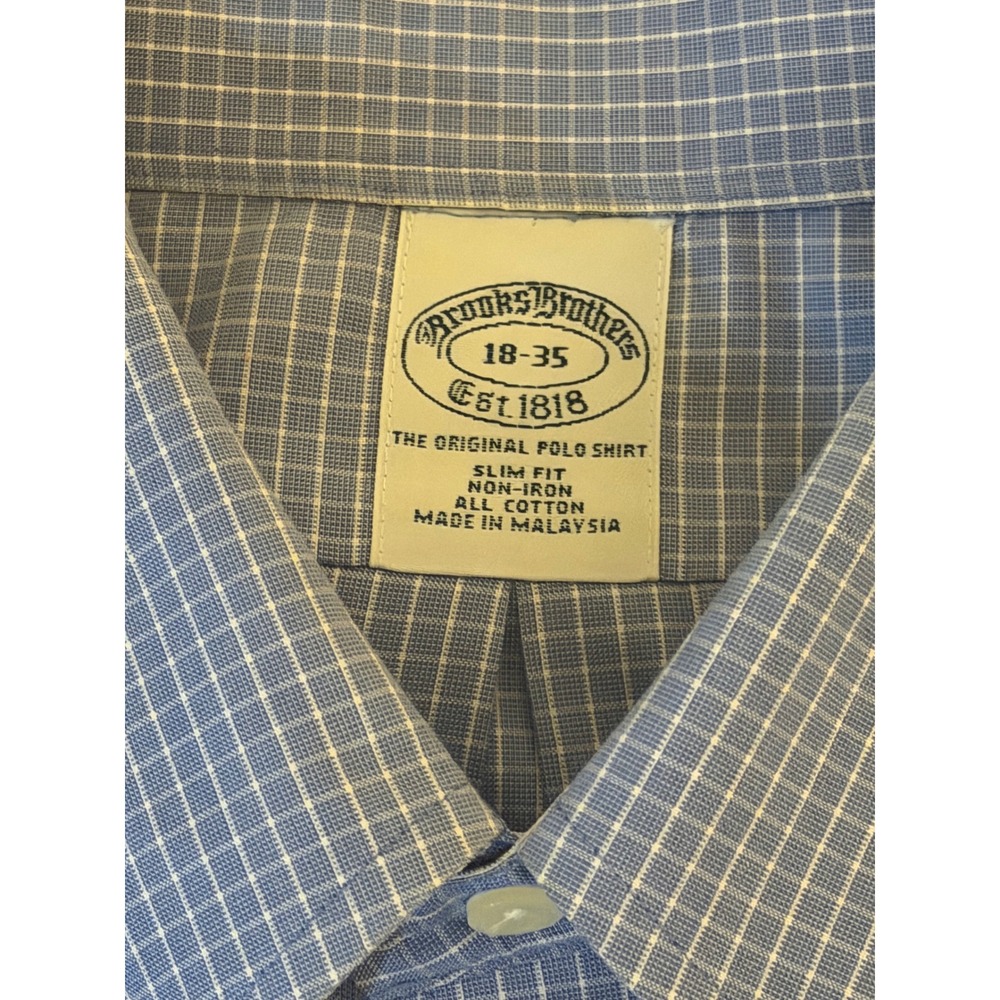 Brooks Brothers Mens 18-35 Slim Fit Non-Iron Blue Check Button Down Dress Shirt - Picture 2 of 5